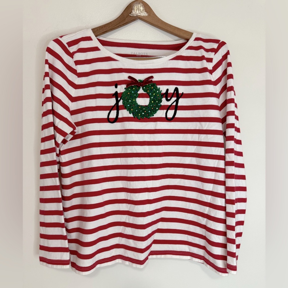 Talbots Red & White Striped 'Joy' embroidered Holiday Top with Wreath in size LP